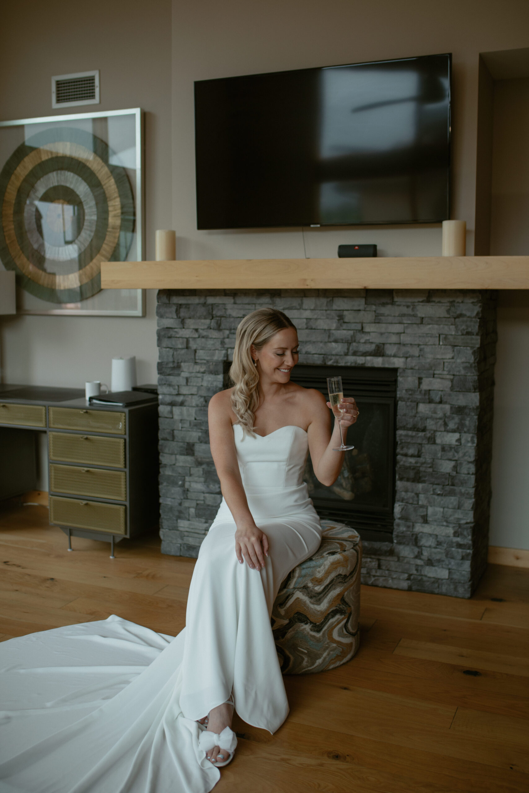 Bride sipping champagne
