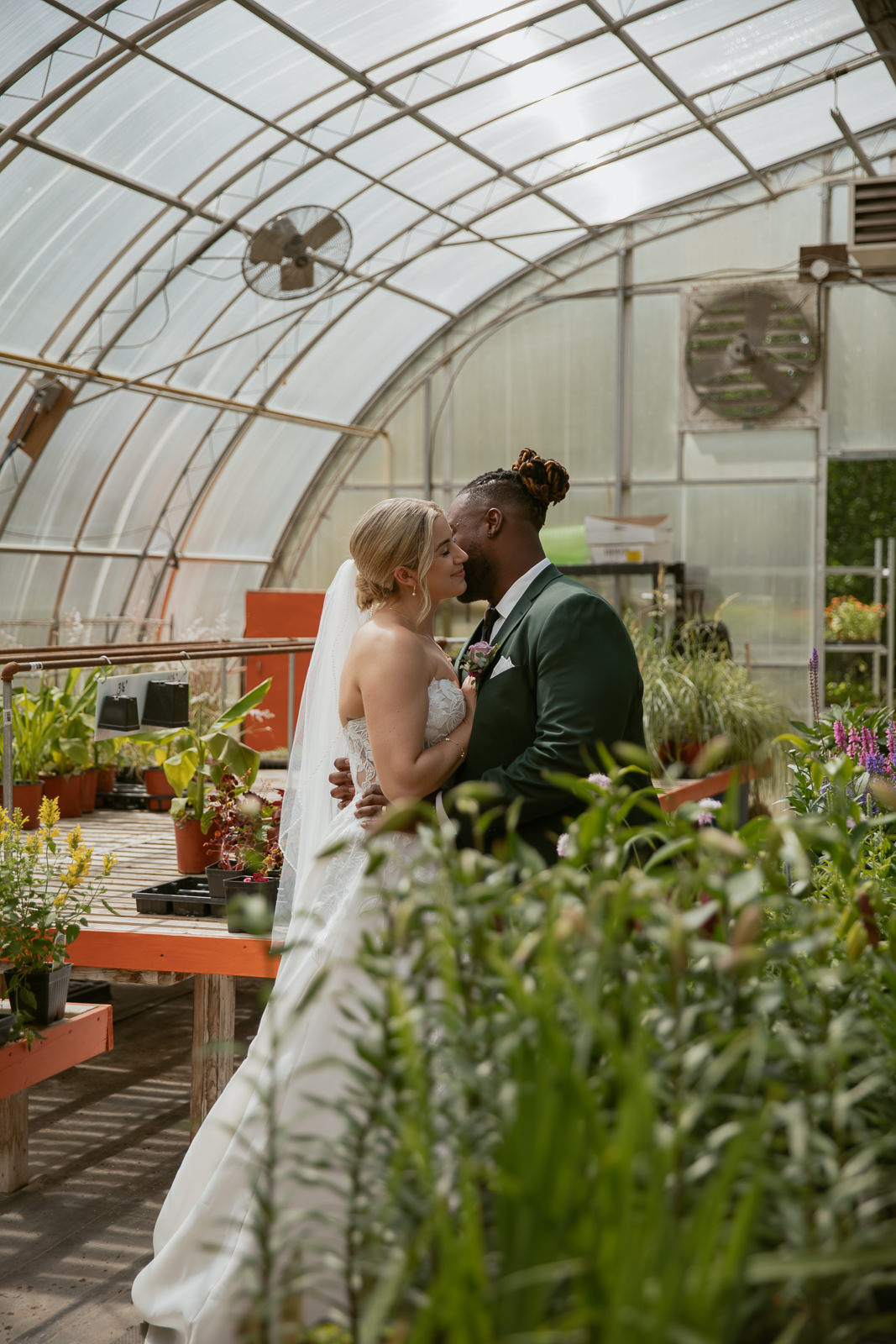 Groom kissing bride's cheek in greenhouse